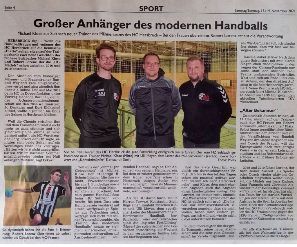 Neuer Trainer - Zeitungsartikel HZ